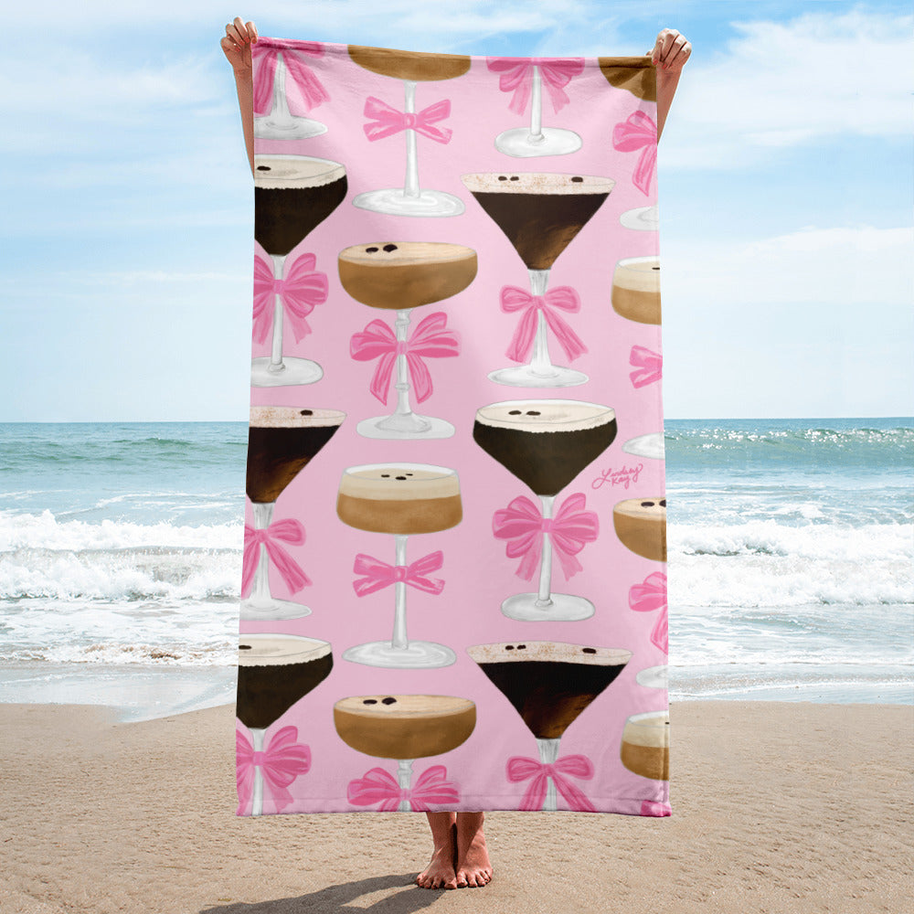 espresso martini glasses illustration pink ribbons beach towel pool accessories bachelorette party gifts cute trendy pretty fun beachy summer girly lindsey kay collective